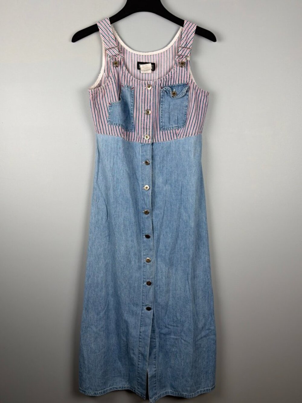 Vtg Tickets Denim Dress Womens 7/8 Blue Striped Babydoll Overalls Maxi USA 90s